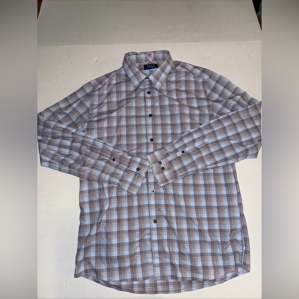 MADE Cam Newton Shirt Men Large Blue Brown Plaid Button Up Long Sleeve Cotton